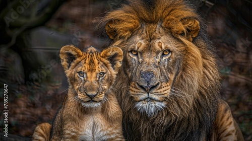 Male lion and lion cub portrait with empty space on the left for text  object on the right