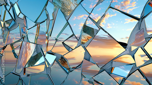 An artistic depiction of design featuring a mosaic of broken mirror pieces reflecting twilight sky colors. as seen in an image.