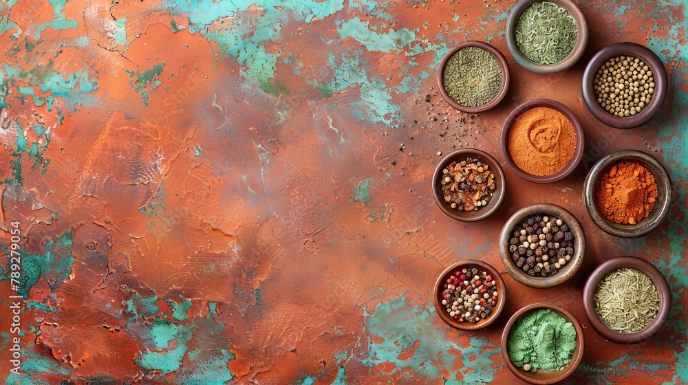 Artistic spice palette array of spices in small bowls and containers for culinary inspiration Artistic spice palette array of spices in small bowls and containers for culinary inspiration