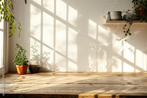 Table background of free space and kitchen interior.White wall with shadows and sunny warm morning time.Copy space for your composition - generative ai photo