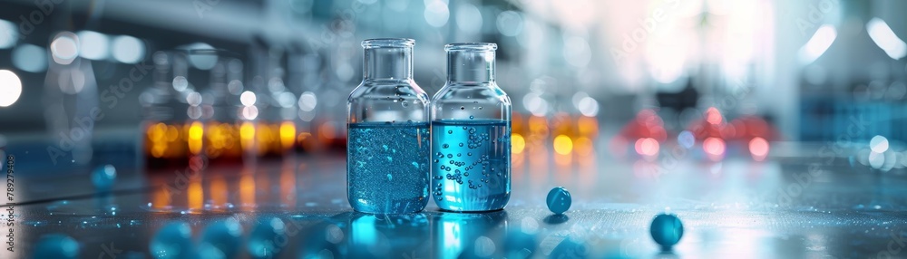 Blue and green science background with two filled lab flasks and blue ...