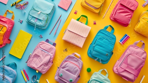 Assorted Colorful School Backpacks and Stationery Supplies Arranged on Vibrant Background
