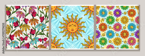 Seamless hippie style summer patterns with sun, chamomiles, emoji. Groovy, naive, hippie style. For apparel, fabric, textile, kids design.