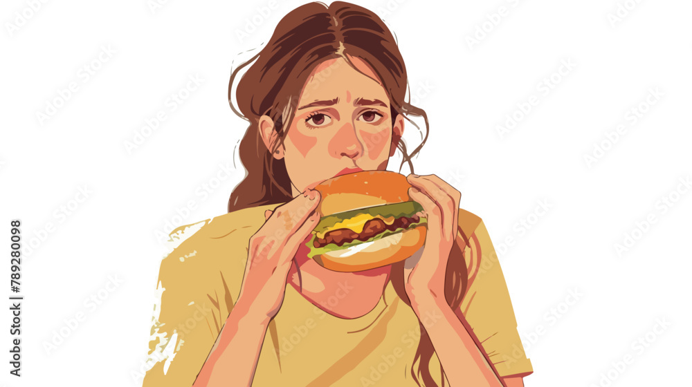 Woman eating a tasty classic burger depressed 