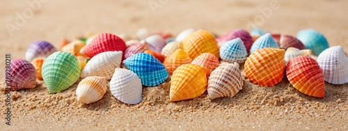 Seashells on golden sand with sea foam, underneath a bright sky. Suitable for themes of nature, beach life, and summer vacations.