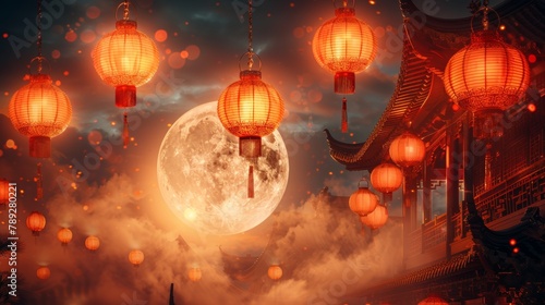 Background design with gold Chinese moon, lantern and oriental decorative elements for Asian Lunar New Year holiday cover, poster, ad and sale banners.
