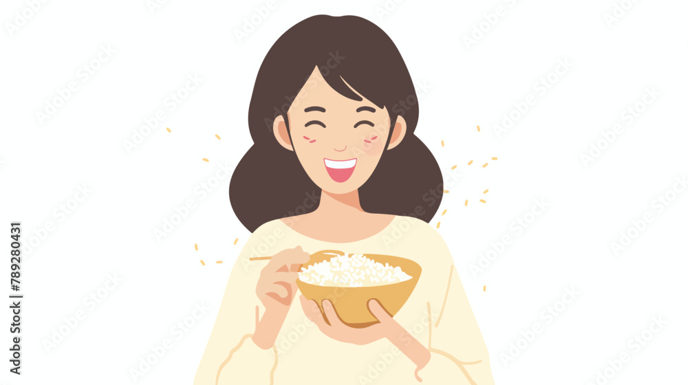 Woman enjoy eating rice. Hand drawn style vector desi