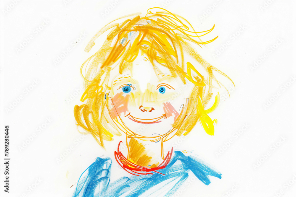 Naive children's drawing of funny face with colored pencils and chalks on white background Naive children's drawing of funny face with colored pencils and chalks on white background