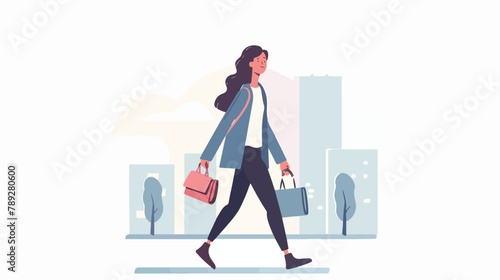 Woman going to work. Happy female character walking o