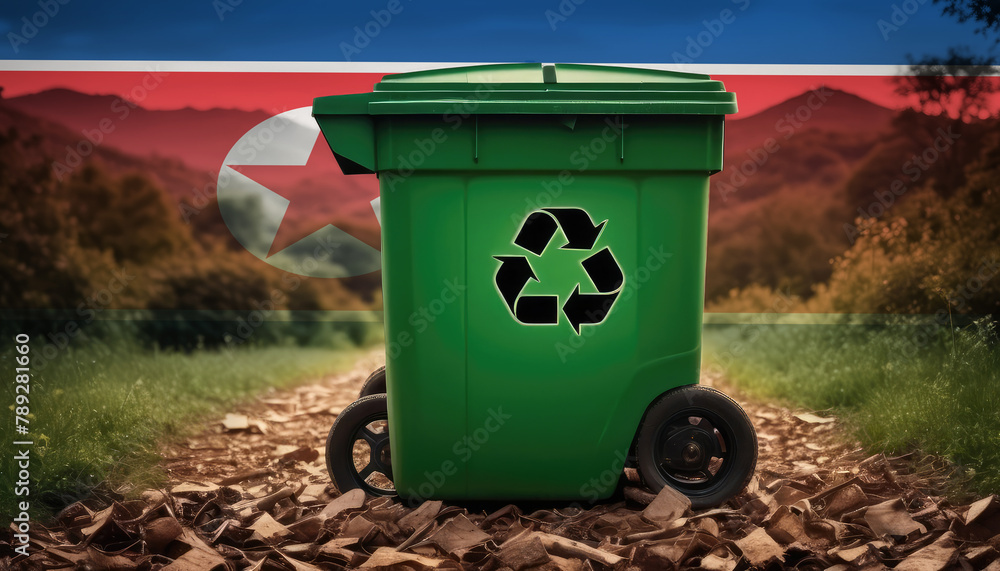 A garbage bin stands amidst the forest backdrop, with the North Korea flag waving above. Embracing eco-friendly practices, promoting waste recycling, and preserving nature's sanctity. A garbage bin stands amidst the forest backdrop, with the North Korea flag waving above. Embracing eco-friendly practices, promoting waste recycling, and preserving nature's sanctity.
