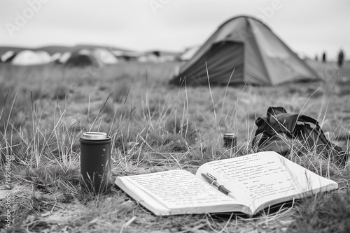 Black and white photo with camping equipment and writing camping list.