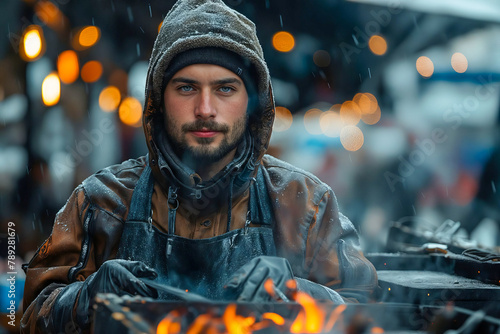 A man in a hoodie standing in front of a fire.