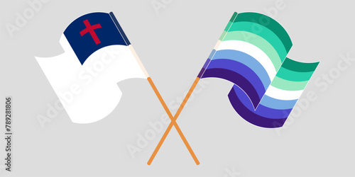 Crossed and waving flags of christianity and gay men pride