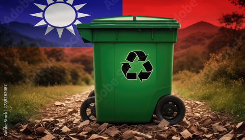 A garbage bin stands amidst the forest backdrop, with the Taiwan flag waving above. Embracing eco-friendly practices, promoting waste recycling, and preserving nature's sanctity.
