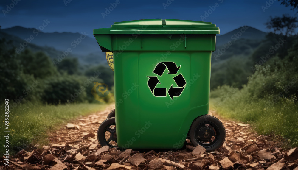 A garbage bin stands amidst the forest backdrop, with the Idaho flag waving above. Embracing eco-friendly practices, promoting waste recycling, and preserving nature's sanctity. A garbage bin stands amidst the forest backdrop, with the Idaho flag waving above. Embracing eco-friendly practices, promoting waste recycling, and preserving nature's sanctity.