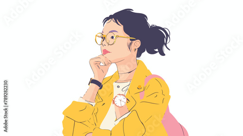 Woman looking at handwatch. Hand drawn style vector  photo