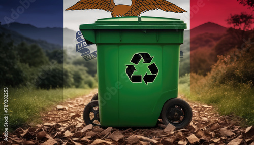 A garbage bin stands amidst the forest backdrop, with the Iowa flag waving above. Embracing eco-friendly practices, promoting waste recycling, and preserving nature's sanctity.
