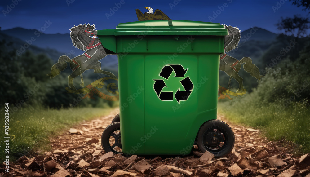A garbage bin stands amidst the forest backdrop, with the Pennsylvania flag waving above. Embracing eco-friendly practices, promoting waste recycling, and preserving nature's sanctity. A garbage bin stands amidst the forest backdrop, with the Pennsylvania flag waving above. Embracing eco-friendly practices, promoting waste recycling, and preserving nature's sanctity.