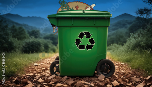 A garbage bin stands amidst the forest backdrop, with the Oklahoma flag waving above. Embracing eco-friendly practices, promoting waste recycling, and preserving nature's sanctity.