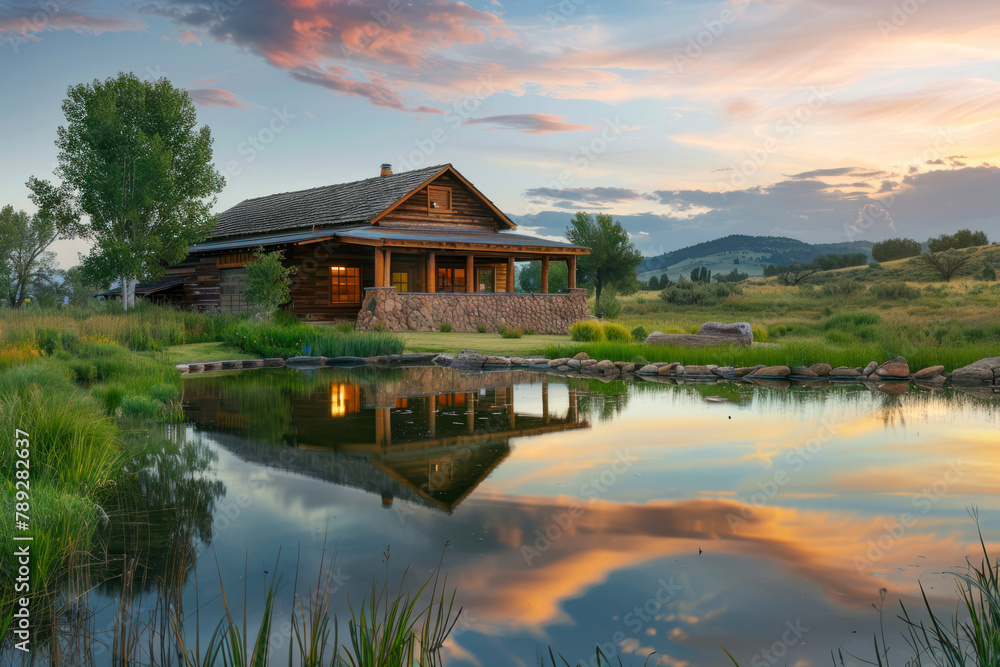Entrance to a ranch home exterior at dusk with small lake.