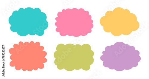 Cute frame set. Playful label shapes children vector illustration. Empty frames for kids design. Colorful speech bubble border clouds.