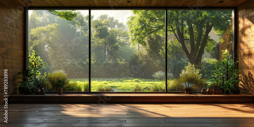 empty room with window with view on green forest landscape in minimalist room with wooden floor and beige wall