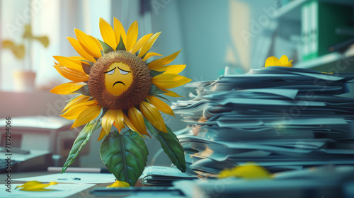 Sad and exhausted sunflower with stacks of documents on an office desk, hard work and burnout syndrome concept. photo