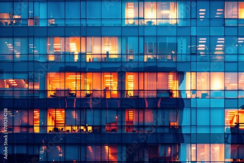 Windows in high-rise office building in the late evening with glowing and blinking interior lights.