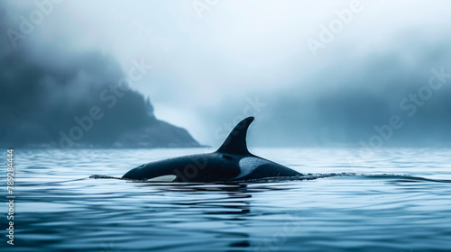 Orca whale in a serene blue seascape with mist