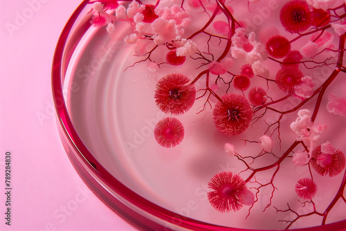 Study of mold and bacteria in a petri dish with red agar. Mold spores and fungal mycelium photo