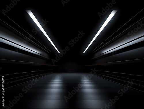 Dark Concrete and Bright LED Lights in a Futuristic Underground Tunnel Corridor