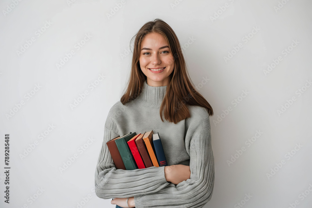 A smiling woman holding books.