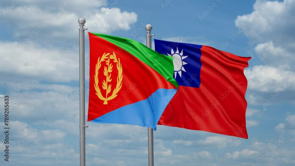 Taiwan and Eritrea two flags waving together, looped video, two country cooperation concept Taiwan and Eritrea two flags waving together, looped video, two country cooperation concept