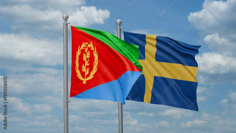 Sweden and Eritrea two flags waving together, looped video, two country cooperation concept Sweden and Eritrea two flags waving together, looped video, two country cooperation concept