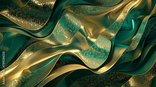 This portrayal showcases image of a flowing abstract pattern in shades of opulent emerald and gold, resembling a regal tapestry. in a stunning visual representation.