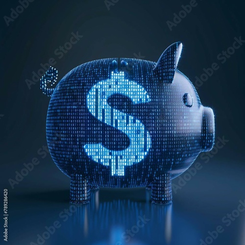 digital blue piggy bank with a dollar "$" icon with binary code, ai in financial management systems, budgeting apps, investment platforms, and personalized savings strategies, budgeting apps.
