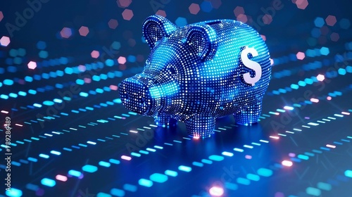 digital blue piggy bank with a dollar 