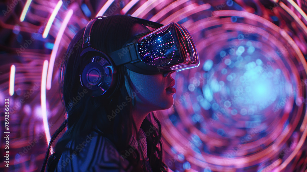 Young woman wearing virtual or augmented reality headset in abstract violet space Young woman wearing virtual or augmented reality headset in abstract violet space