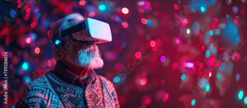 Old man getting new experiences with virtual reality gadget in neon abstract space