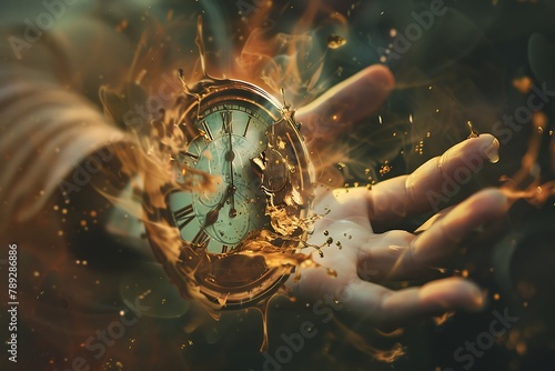 Melting Hands of Time. Open hand and fingers with hands reaching for melting clock .
