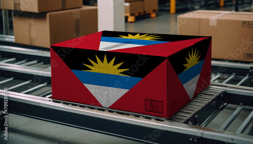 A package adorned with the Antigua and Barbuda flag moves along the conveyor belt, embodying the concept of seamless delivery, efficient logistics, and streamlined customs procedures