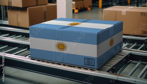 A package adorned with the Argentina flag moves along the conveyor belt, embodying the concept of seamless delivery, efficient logistics, and streamlined customs procedures © Александр Бердюгин