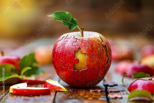 Marketing Apple fruit puzzle. Deliciously juicy cut apple with puzzle piece .