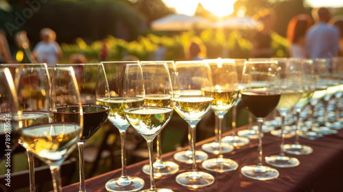 Glasses of wine prepared for professional tasting on summer restaurant terrace