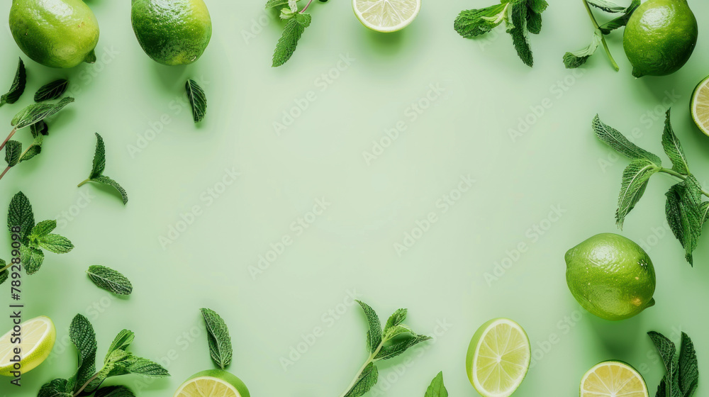Flat lay template, frame with peppermint and limes on green background, Mojito cocktail concept Flat lay template, frame with peppermint and limes on green background, Mojito cocktail concept