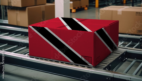 A package adorned with the Trinidad and Tobago flag moves along the conveyor belt, embodying the concept of seamless delivery, efficient logistics, and streamlined customs procedures