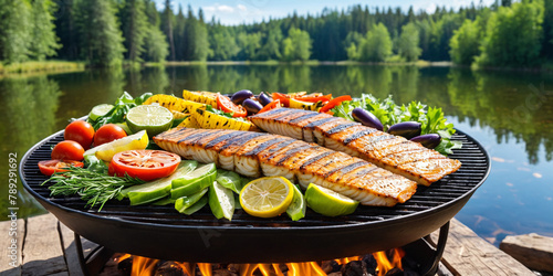 Fish dish, fish fillet and vegetables are grilled. Outdoor barbecue against the backdrop of a lake in the forest. Camping. Smoke fish on the grill with vegetables.