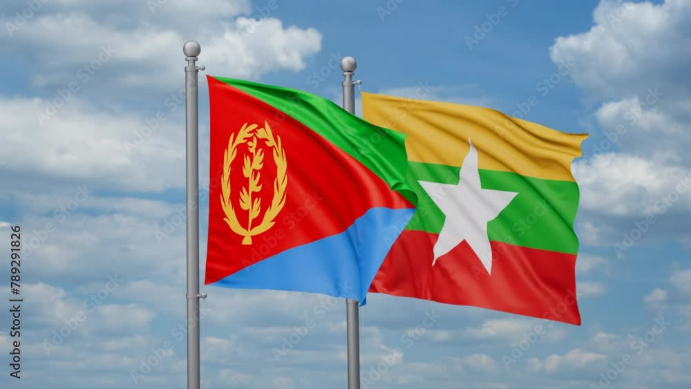 Myanmar aka Burma and Eritrea two flags waving together, looped video, two country relations concept Myanmar aka Burma and Eritrea two flags waving together, looped video, two country relations concept