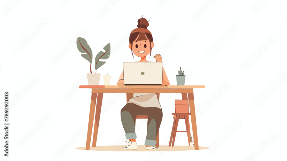 Young happy lady sitting at table using laptop having