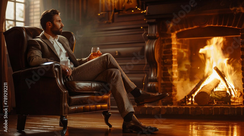A respectable man in a suit sits in a leather chair and warms himself by the fireplace photo